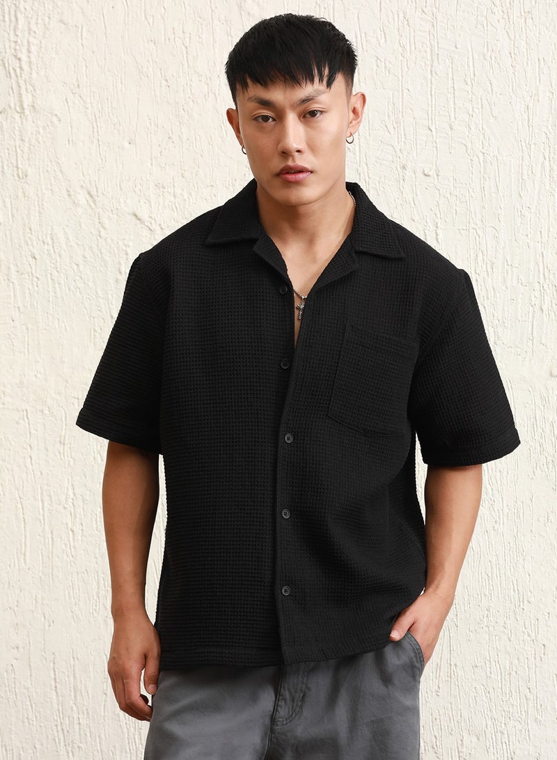 Black Cotton Spread Collar Short Sleeves Solid Oversized Shirts