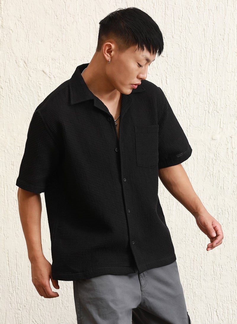 Black Cotton Spread Collar Short Sleeves Solid Oversized Shirts