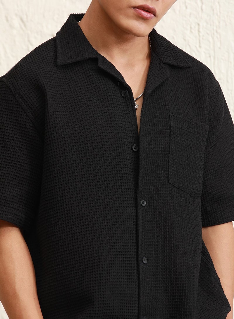 Black Cotton Spread Collar Short Sleeves Solid Oversized Shirts