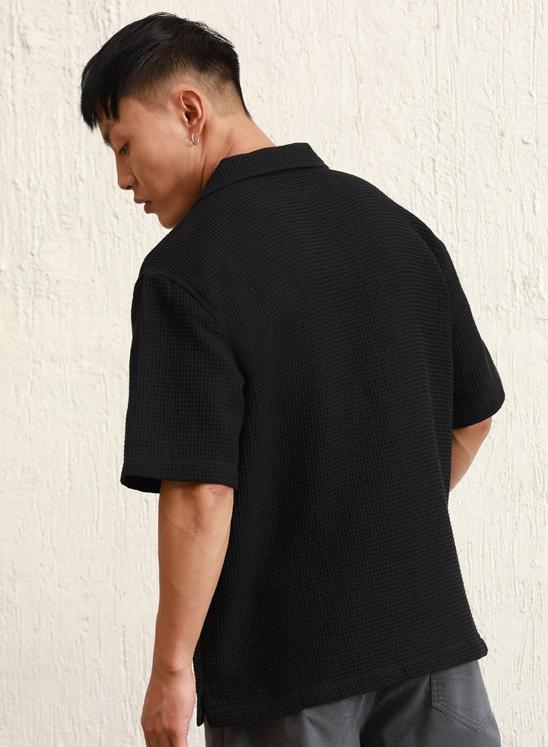 Black Cotton Spread Collar Short Sleeves Solid Oversized Shirts