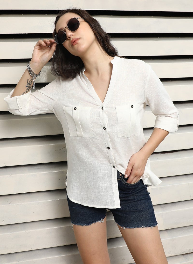 Cotton Spread Collar Short Sleeves Solid Relaxed Fit Shirts