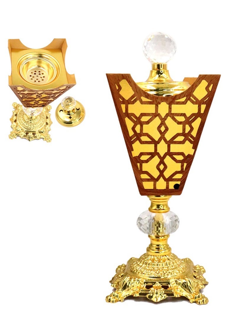 Metal Oud Incense Burner Bakhoor Holder Gold with Crystal Top Cover- F012