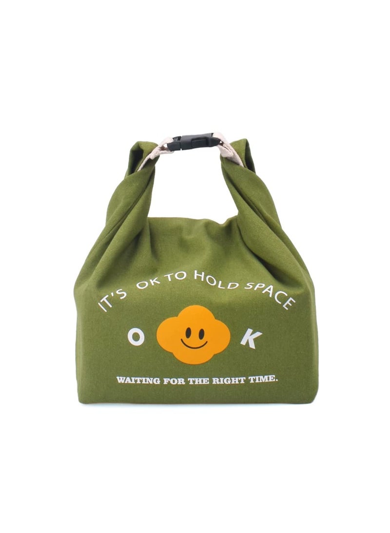 Reusable Lunch Bag Insulated Handbag Smile Tote bag with Handle for Women Work Picnic or Travel (Olive Green)