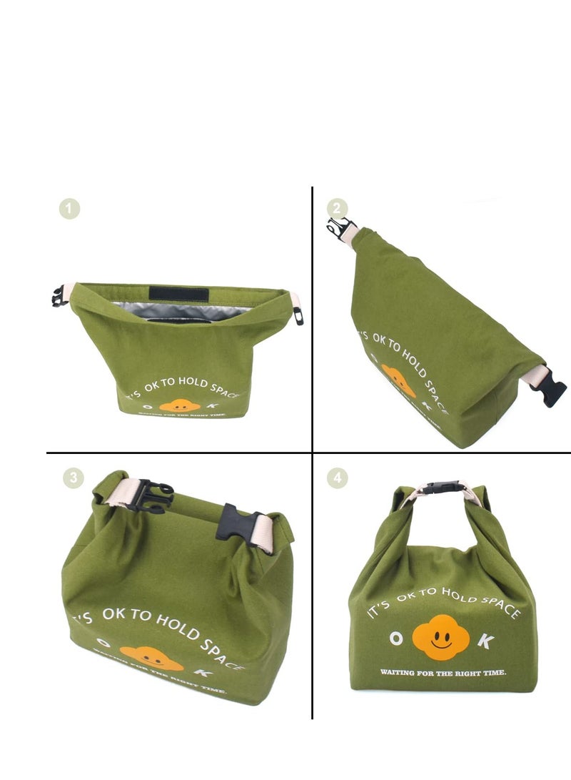 Reusable Lunch Bag Insulated Handbag Smile Tote bag with Handle for Women Work Picnic or Travel (Olive Green)