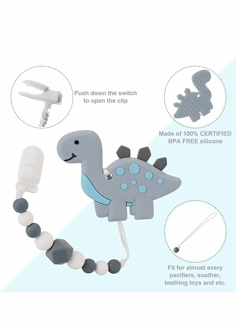 Baby Teething Toys Dinosaur Teether Pain Relief Toy with Pacifier Clip Holder Set for Newborn Babies Freezer Safe Neutral Shower Gift Soft & Textured Stocking Stuffers for Boy and Girl