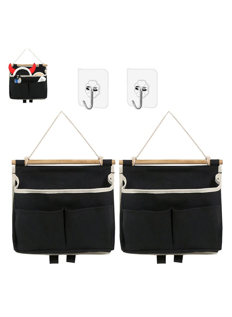 2Pcs Wall Hanging Storage Caddy Bag,Over Door Hanging Storage Bags Wall Mount Hangable Organizer，File Magazine Waterproof Linen Cotton Fabric Living Room Bedroom Bathroom (Black)