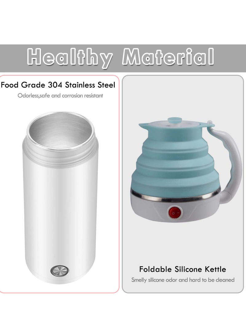 Portable Electric Kettle, 400ml Travel Tea Kettle with Non-stick Coating Double Wall Water Boiler Bottle Insulated Coffee Thermos Mug Fast Boil and Auto Shut Off Hot Water Heater (White)