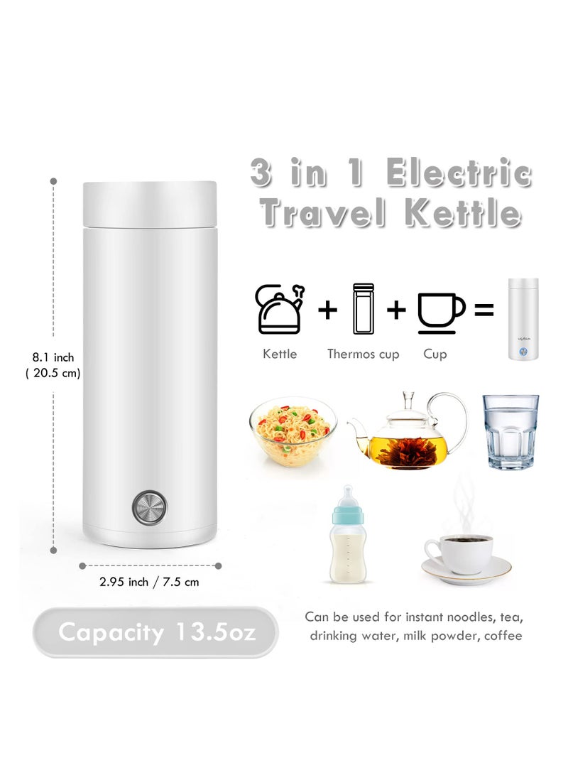 Portable Electric Kettle, 400ml Travel Tea Kettle with Non-stick Coating Double Wall Water Boiler Bottle Insulated Coffee Thermos Mug Fast Boil and Auto Shut Off Hot Water Heater (White)