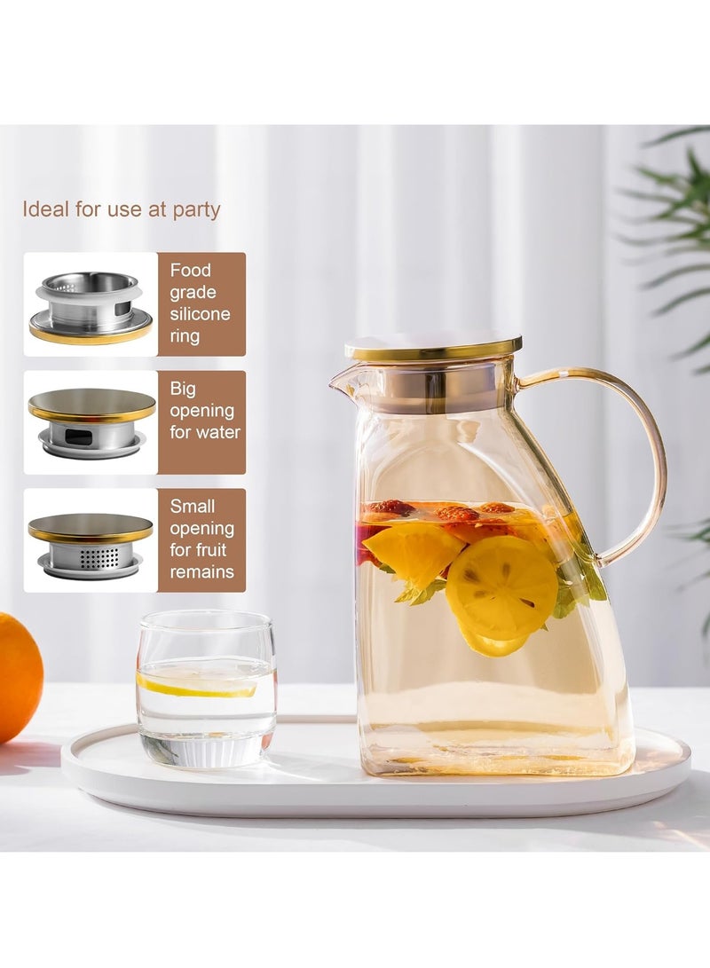 Glass Pitcher With Lid and Spout, Beverage Pitcher for Drinks, Glass Water Carafe, 1.8 Liter Glass Pitchers With Handle And Lid, for Fridge, Hot/Cold Water Iced Tea Juice Coffee Milk Beverage(Amber)