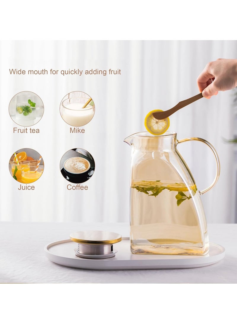 Glass Pitcher With Lid and Spout, Beverage Pitcher for Drinks, Glass Water Carafe, 1.8 Liter Glass Pitchers With Handle And Lid, for Fridge, Hot/Cold Water Iced Tea Juice Coffee Milk Beverage(Amber)