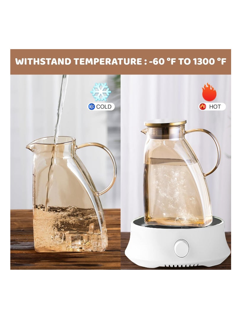 Glass Pitcher With Lid and Spout, Beverage Pitcher for Drinks, Glass Water Carafe, 1.8 Liter Glass Pitchers With Handle And Lid, for Fridge, Hot/Cold Water Iced Tea Juice Coffee Milk Beverage(Amber)