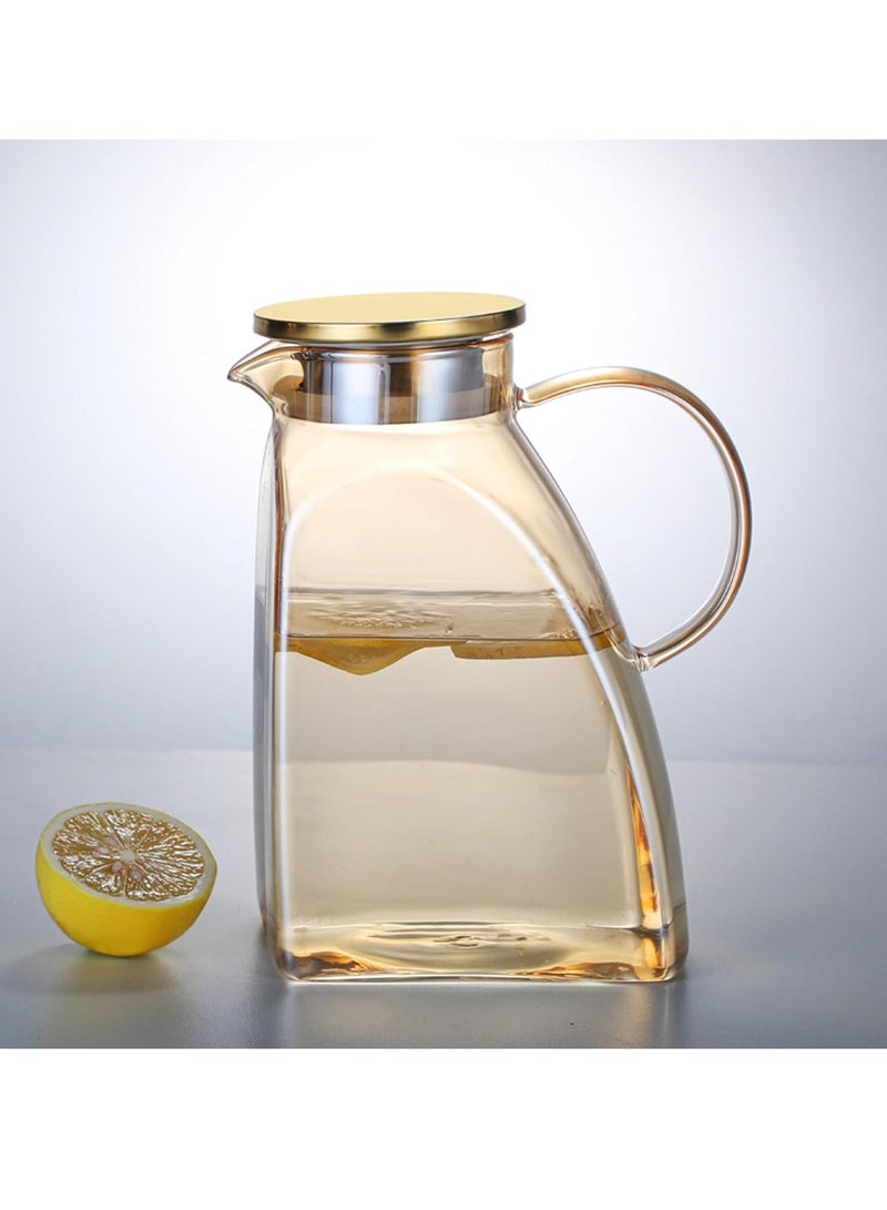 Glass Pitcher With Lid and Spout, Beverage Pitcher for Drinks, Glass Water Carafe, 1.8 Liter Glass Pitchers With Handle And Lid, for Fridge, Hot/Cold Water Iced Tea Juice Coffee Milk Beverage(Amber)