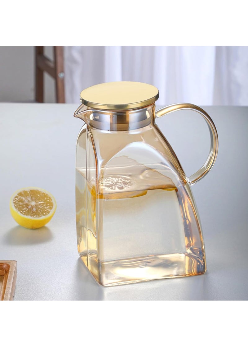 Glass Pitcher With Lid and Spout, Beverage Pitcher for Drinks, Glass Water Carafe, 1.8 Liter Glass Pitchers With Handle And Lid, for Fridge, Hot/Cold Water Iced Tea Juice Coffee Milk Beverage(Amber)