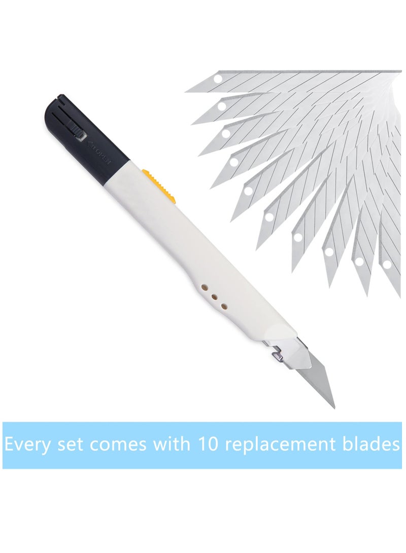 Utility Knife, Portable Box Cutter, Fine Point Arts and Crafts Blade for Precision Cutting, with 10 Blade Pieces for Art Crafts DIY White, 1 Cutter 10 Blades