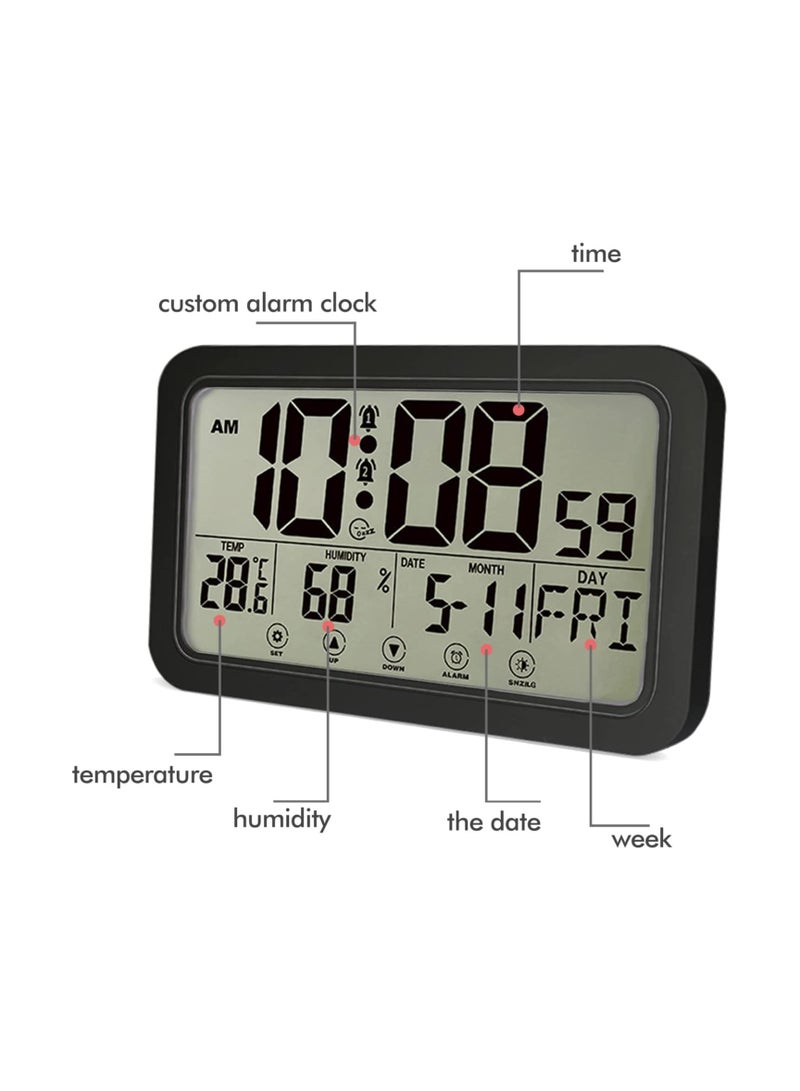 SYOSI Digital Clock, with Calendar, Temperature and Humidity Detection, Large LED Display Alarm Clock, Desktop Digital Clock Thermometer, Wall Clock for Home and Office, Black