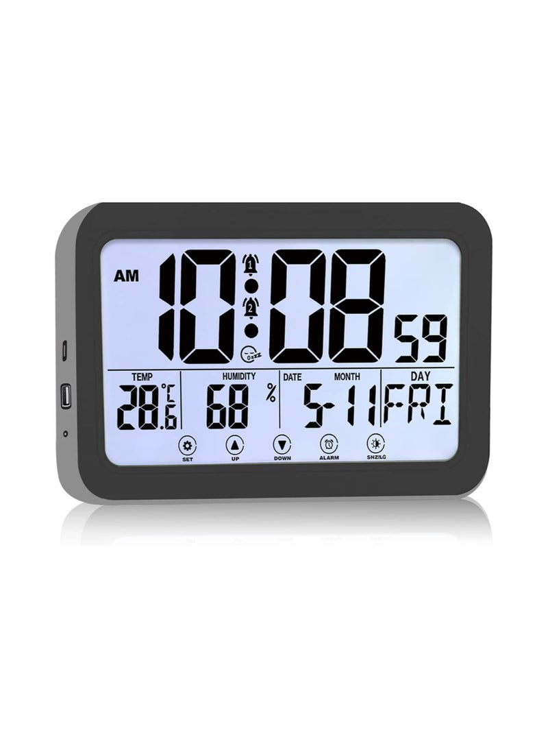 SYOSI Digital Clock, with Calendar, Temperature and Humidity Detection, Large LED Display Alarm Clock, Desktop Digital Clock Thermometer, Wall Clock for Home and Office, Black