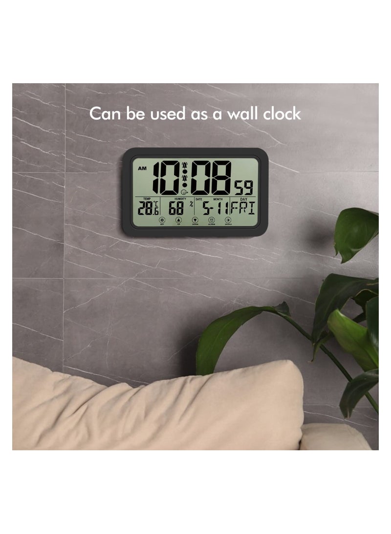 SYOSI Digital Clock, with Calendar, Temperature and Humidity Detection, Large LED Display Alarm Clock, Desktop Digital Clock Thermometer, Wall Clock for Home and Office, Black