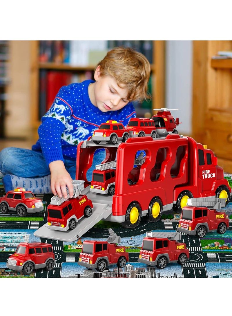 Fire Toys for 3 4 5 6 Years Old Boys Girls - 7 in 1 Carrier Truck Transport for Toddlers 1-3, Friction Power Vehicles for Kids 3-5, Birthday Gifts for Boys & Girls 3-5 Years Old