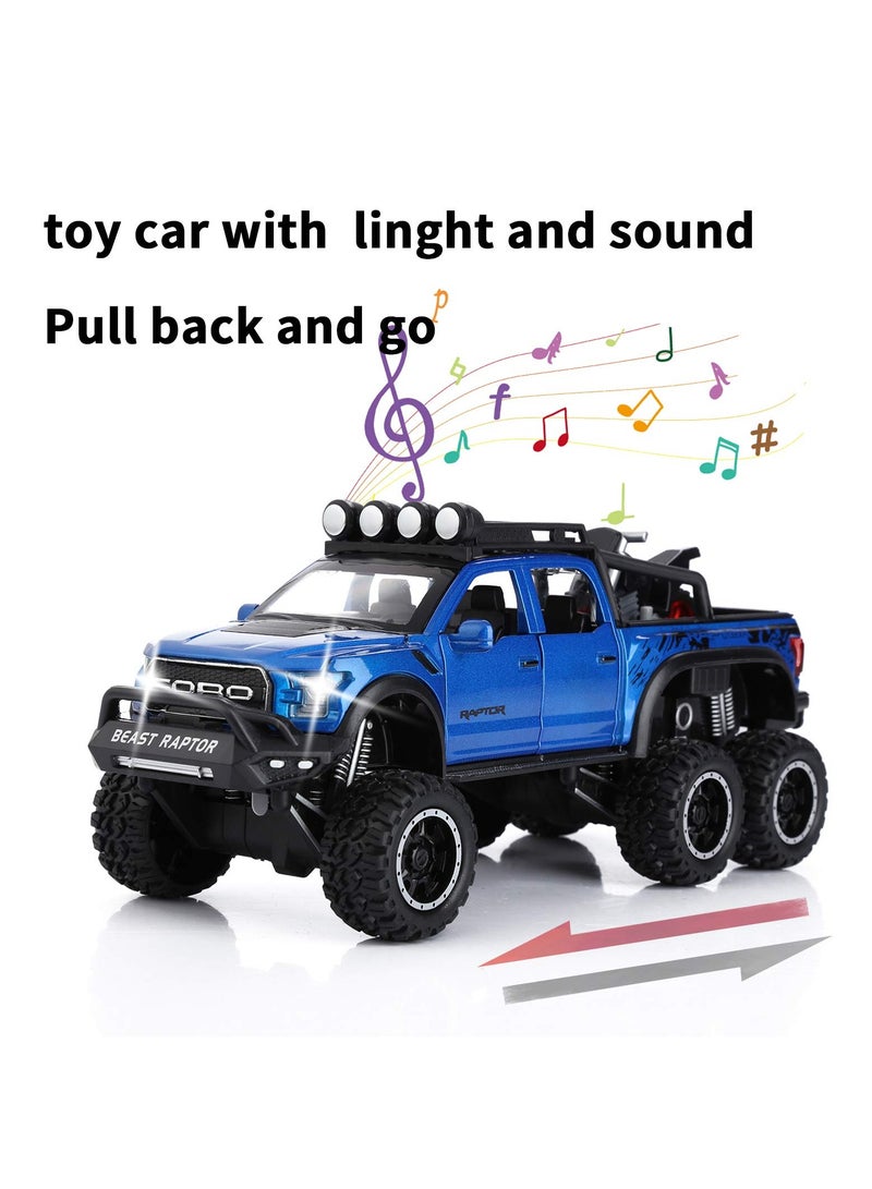 F150 Pickup Truck Toys for Boys Age 3-8 Raptor Toy Trucks for Boy Ages 4-7 Diecast Metal Model Truck with Light and Sound Pull Back Toy Cars Gifts for 3+ Year Old Kids (Blue)