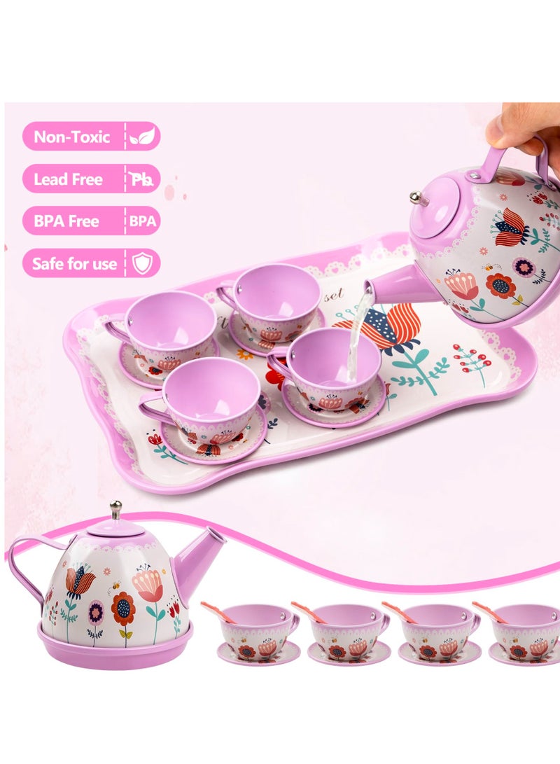 Tea Party Set for Little Girls, 48PCS Princess Tea Time Pretend Kitchen Toy with Biscuits, Teapot, Cake, Dessert, Carrying Case, 3 Year Old Girl Gifts(Flower Design)