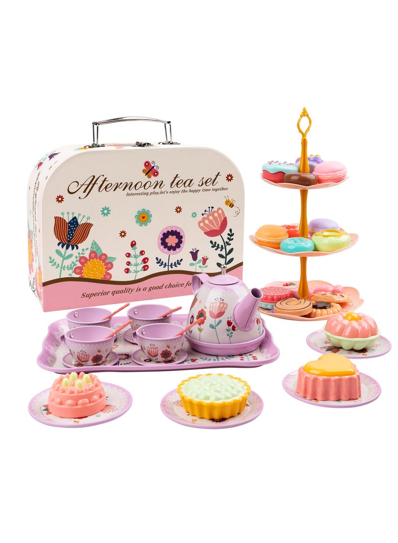 Tea Party Set for Little Girls, 48PCS Princess Tea Time Pretend Kitchen Toy with Biscuits, Teapot, Cake, Dessert, Carrying Case, 3 Year Old Girl Gifts(Flower Design)