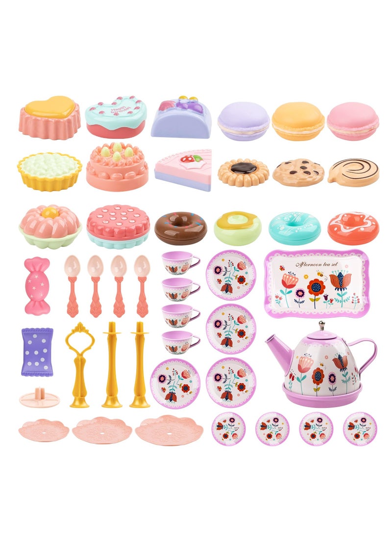 Tea Party Set for Little Girls, 48PCS Princess Tea Time Pretend Kitchen Toy with Biscuits, Teapot, Cake, Dessert, Carrying Case, 3 Year Old Girl Gifts(Flower Design)