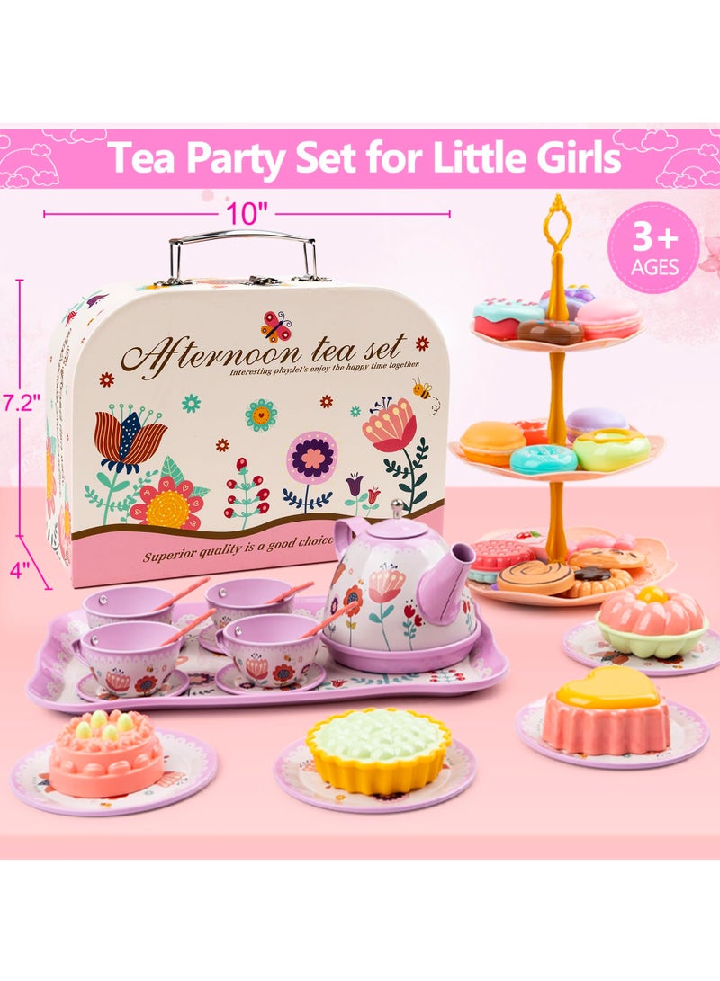 Tea Party Set for Little Girls, 48PCS Princess Tea Time Pretend Kitchen Toy with Biscuits, Teapot, Cake, Dessert, Carrying Case, 3 Year Old Girl Gifts(Flower Design)