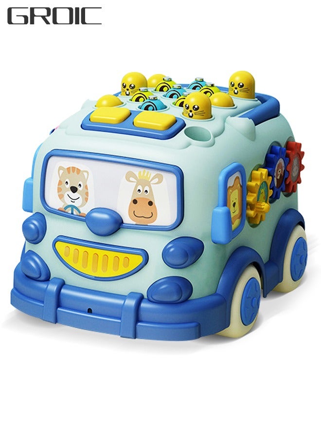 Toddler Bus Toys - Baby Electric Musical Multifunctional Push and Pull Bus Toys with Xylophone Instruments Fishing Whac-A-Mole Pounding Games and Rotating Gear Educational Toy for Kids