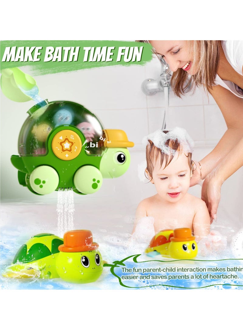 Baby Bath Toys with 2 Wind Up Toys,Cute Turtle Waterfall Water Station Toy with Cup, Swimming Shower Toys with Rotatable Waterwheel, Bathub Toys Gift for Boys Girls 2 3 4 years