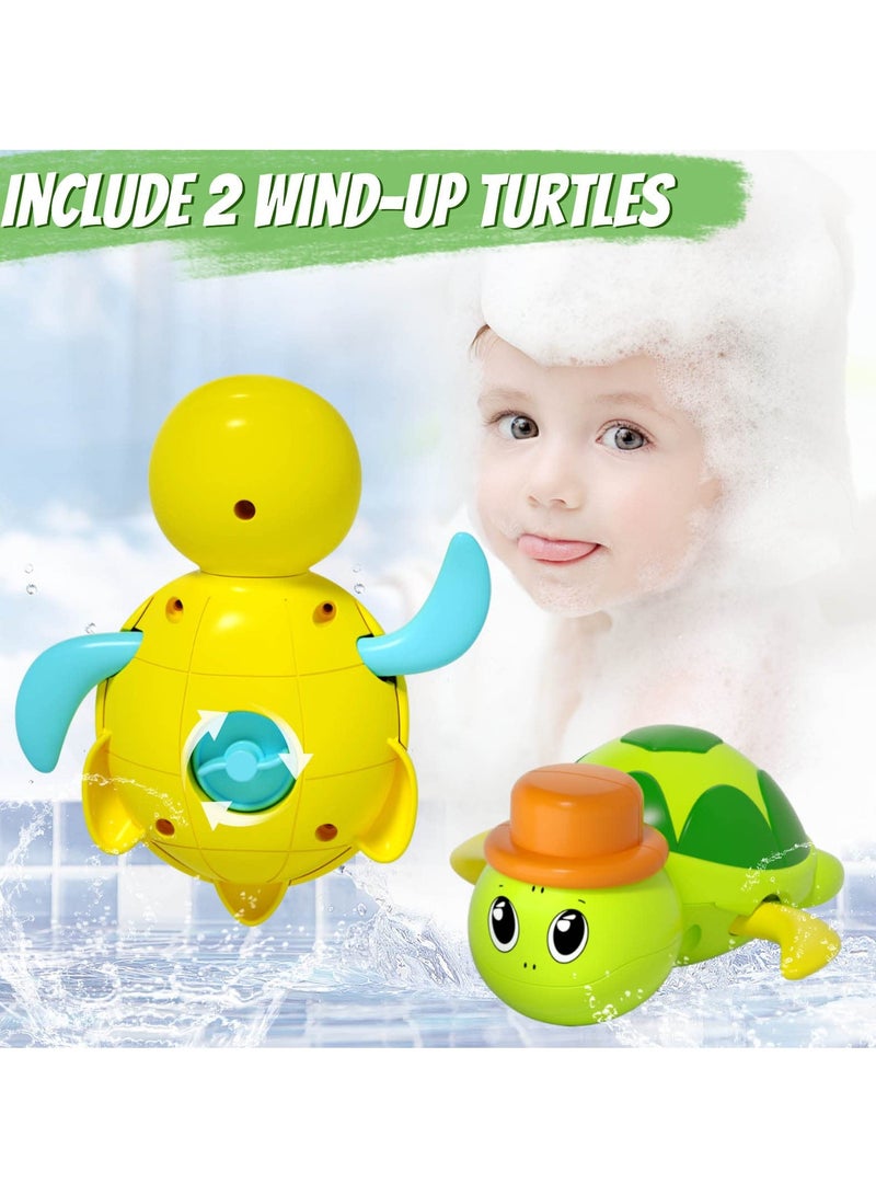 Baby Bath Toys with 2 Wind Up Toys,Cute Turtle Waterfall Water Station Toy with Cup, Swimming Shower Toys with Rotatable Waterwheel, Bathub Toys Gift for Boys Girls 2 3 4 years