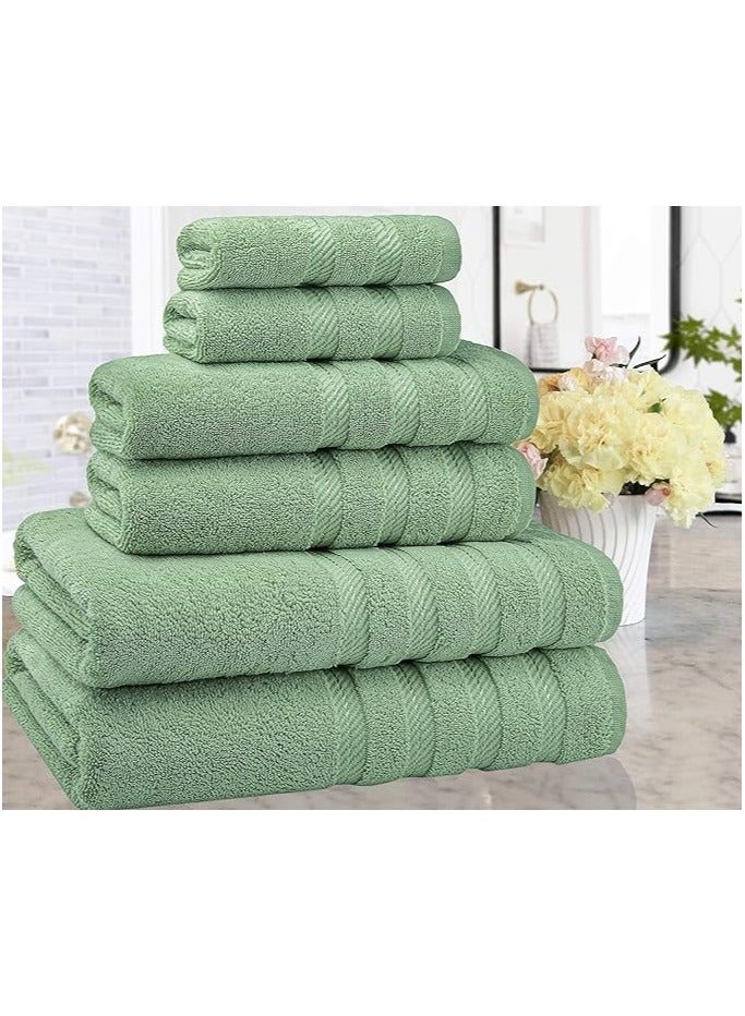 Towel Set Luxury Hotel Quality 600 GSM Genuine Combed Cotton, Super Soft & Absorbent Family Bath Towels 6 Piece Set -  2 Bath Towels, 2 Hand Towels, 2 Washcloths - Sage Green