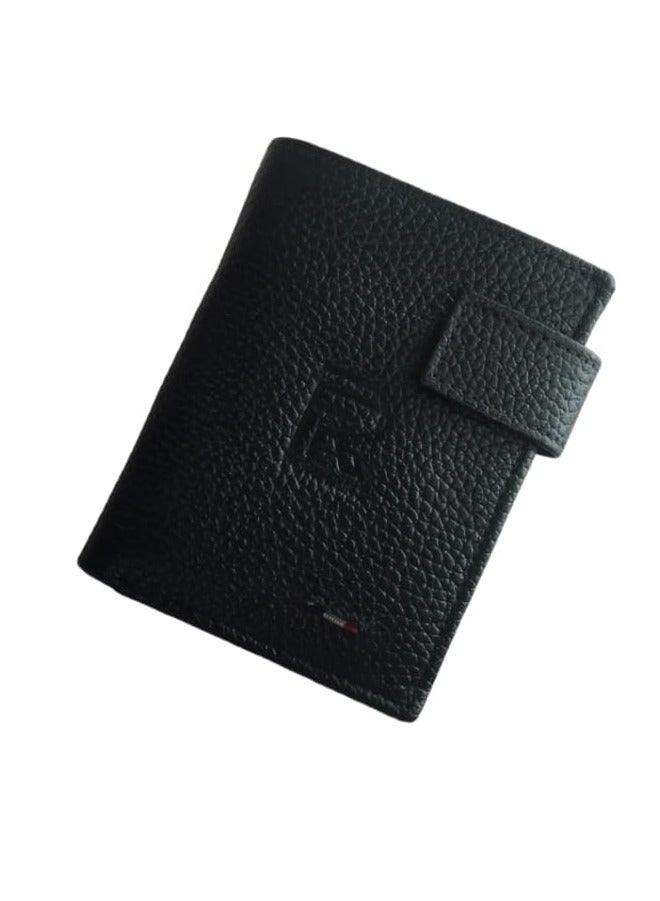 Tri-Fold Black Leather Wallet For Mens, Black Leather Grain Popper Wallet