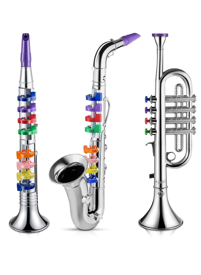 Music Instruments Set, 3 Pcs Include Toy Trumpet and Toy Saxophone Plastic Trumpet Portable Clarinet with Colored Keys Educational Toy for Home School Musical Gifts (Silver Finish)