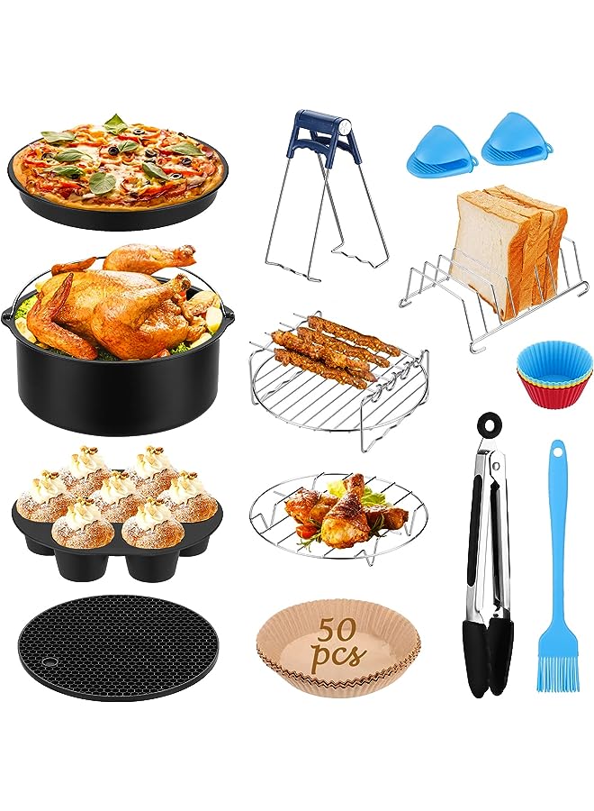 Inch Air Fryer Accessories,13 Pcs Air Fryer Accessories Set Airfryer Basket Liners Air Fryer Tray Parchment Paper Metal Holder for Pizza/Pan/Barbecue Compatible with Philips/Pigeon/Inalsa 4.5-5.2L