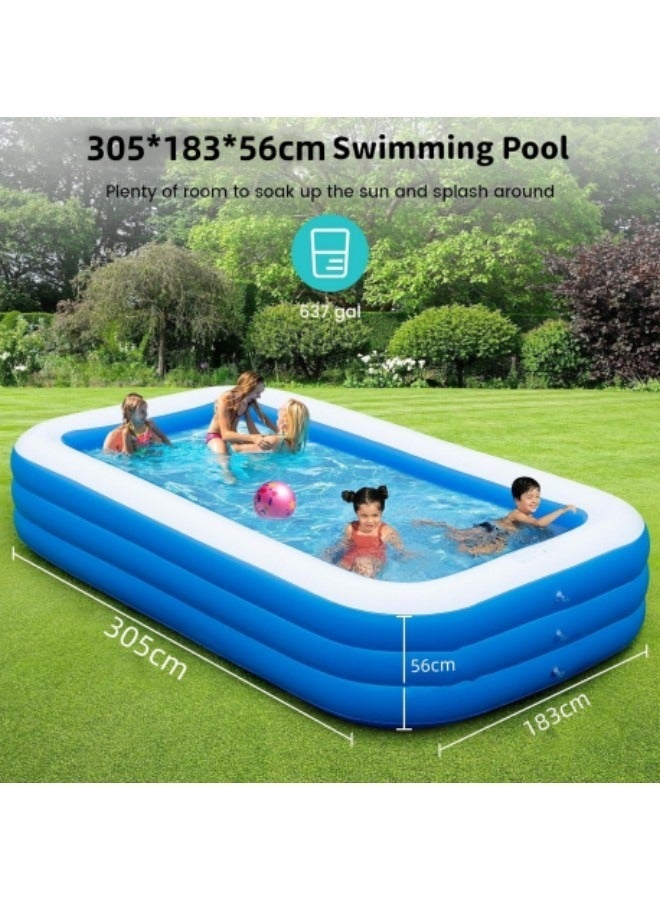 Inflatable Swimming Pool,Inflatable Pool for Kids and Adults,Oversized Thickened Family Swimming Pool,3-layer Blue and White Inflatable Swimming Pool, 305*183*56cm