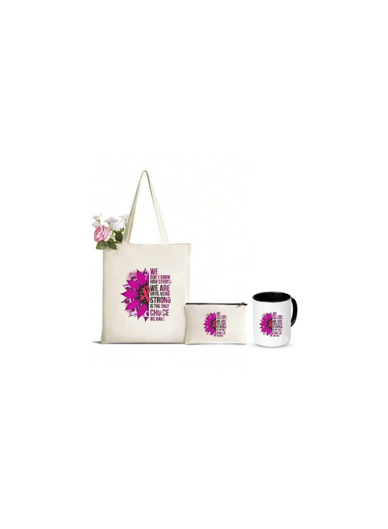 BreastCancer Awareness Combo Pack - Eco-Friendly Cotton Tote Bag, Ceramic Coffee Mug, and Stylish Cosmetic Bag - Gift Set for Supporting BreastCancer Survivors and Fundraising Campaigns