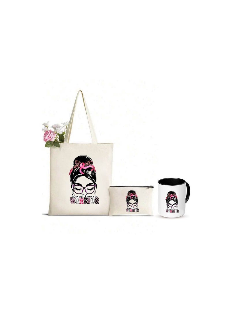 BreastCancer Awareness Combo Pack - Eco-Friendly Cotton Tote Bag, Ceramic Coffee Mug, and Stylish Cosmetic Bag - Gift Set for Supporting BreastCancer Survivors and Fundraising Campaigns