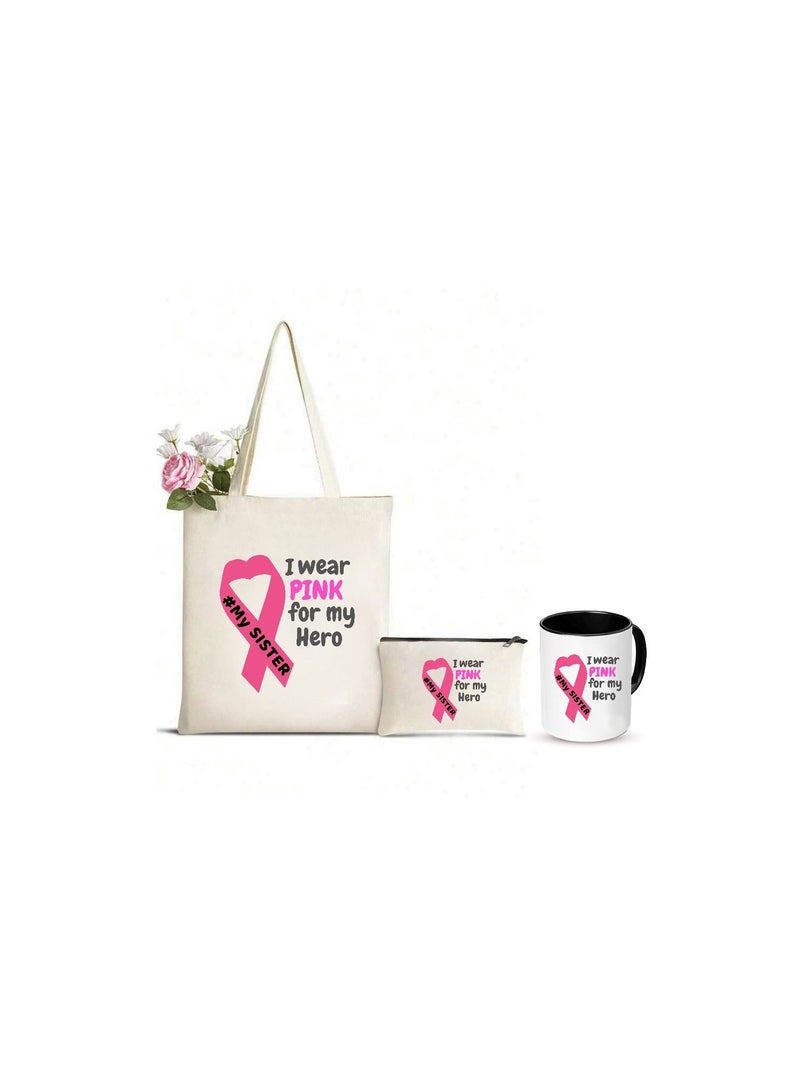 BreastCancer Awareness Combo Pack - Eco-Friendly Cotton Tote Bag, Ceramic Coffee Mug, and Stylish Cosmetic Bag - Gift Set for Supporting BreastCancer Survivors and Fundraising Campaigns