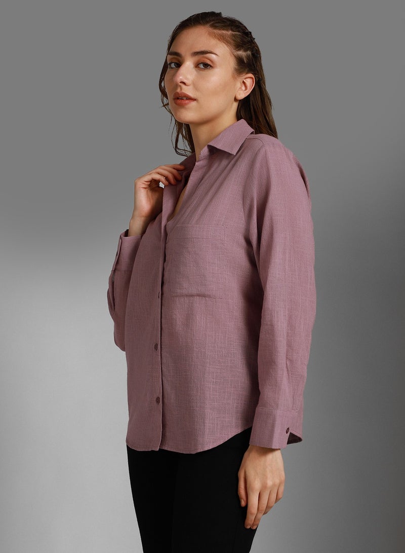 Mauve Classic Spread Collar Long Sleeves Cotton Casual Shirt for Women