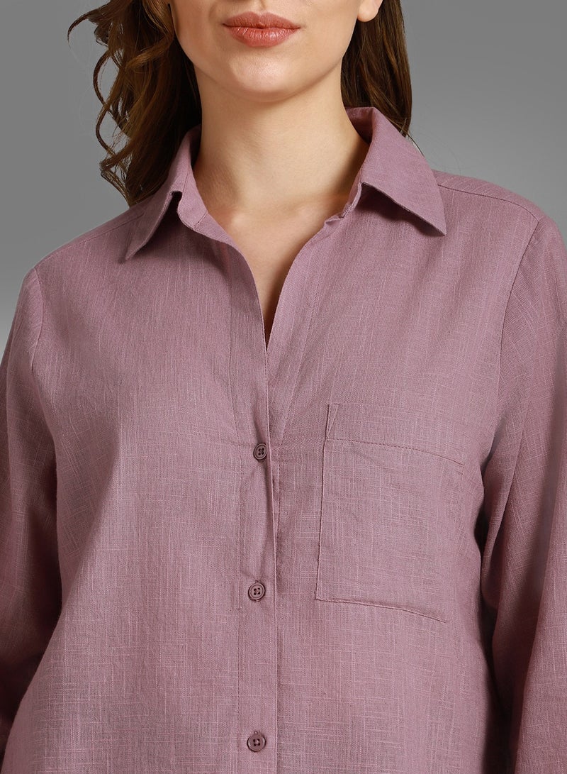 Mauve Classic Spread Collar Long Sleeves Cotton Casual Shirt for Women