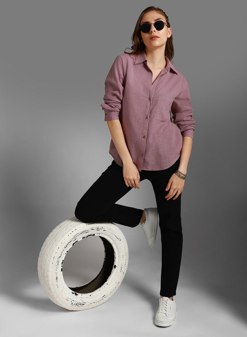 Mauve Classic Spread Collar Long Sleeves Cotton Casual Shirt for Women