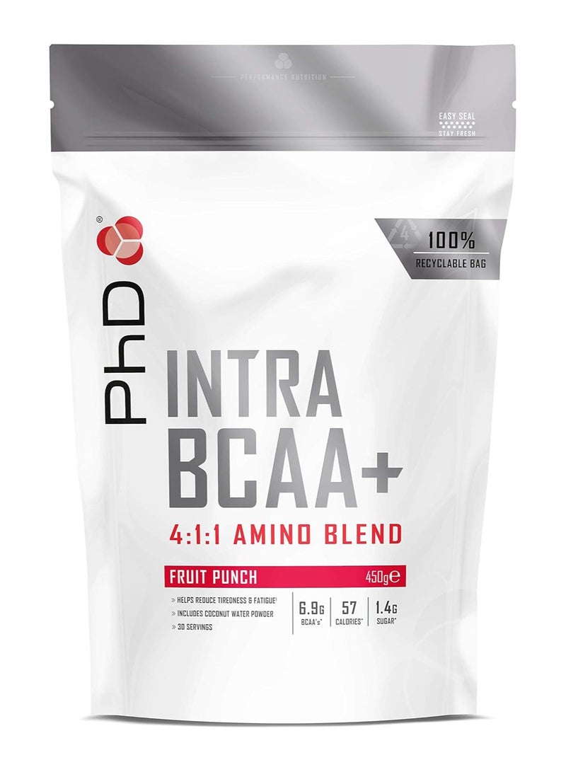Intra Bccaa + Powder, 4:1:1 Amino Blend, Helps Reduce Tiredness & Fatigue, Includes Coconut Water Powder, Fruit Punch Flavour, 450 gm
