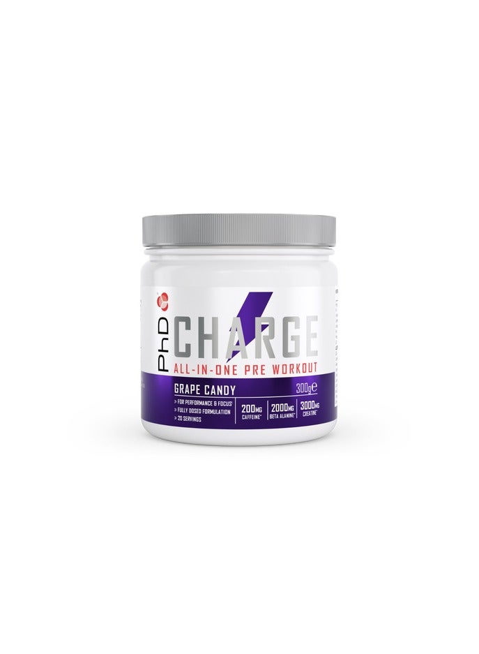 Charge All in 1 Pre-workout for performance and focus and fully dosed formulation, 200mg caffeine,2000mg beta alanine and 3000mg creatine - Grape Candy - 300g