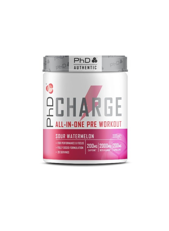 Charge, All in One Pre Workout for performance and focus and fully dosed formulation  20 servings,200mg caffeine, 2000mg beta alanine and 3000mg creatine - Sour Watermelon 300g