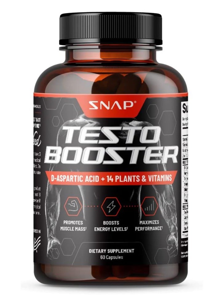 Testo Booster D-Aspartic Acid + 14 plants and vitamins, Promotes Muscle Mass, Maximizes Performance, Dietary Supplement - 60 Capsules