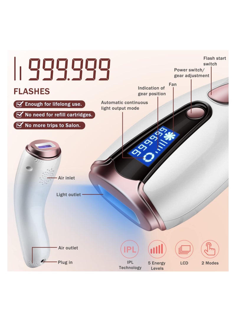 Laser Hair Removal Device with 9 Levels, 999900 Flashes, with Freezing Point Function, Suitable for Men and Women'S Face, Armpits, Arms, Bikini Line, Legs, and Whole Body