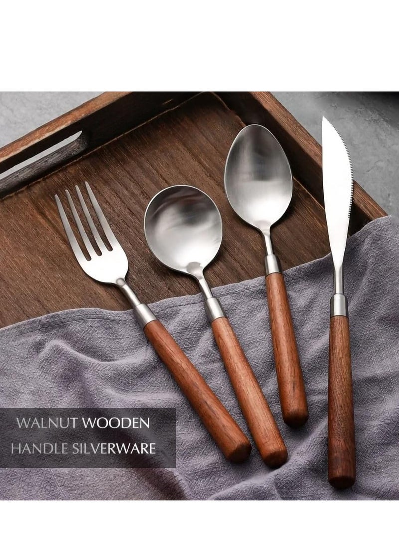 Wooden Flatware Set, Natural Walnut Wood Style Handle Silverware Set, Wooden Flatware Set, 304 Stainless Steel Flatware Cutlery Set, Dinnerware Set, Set of 4