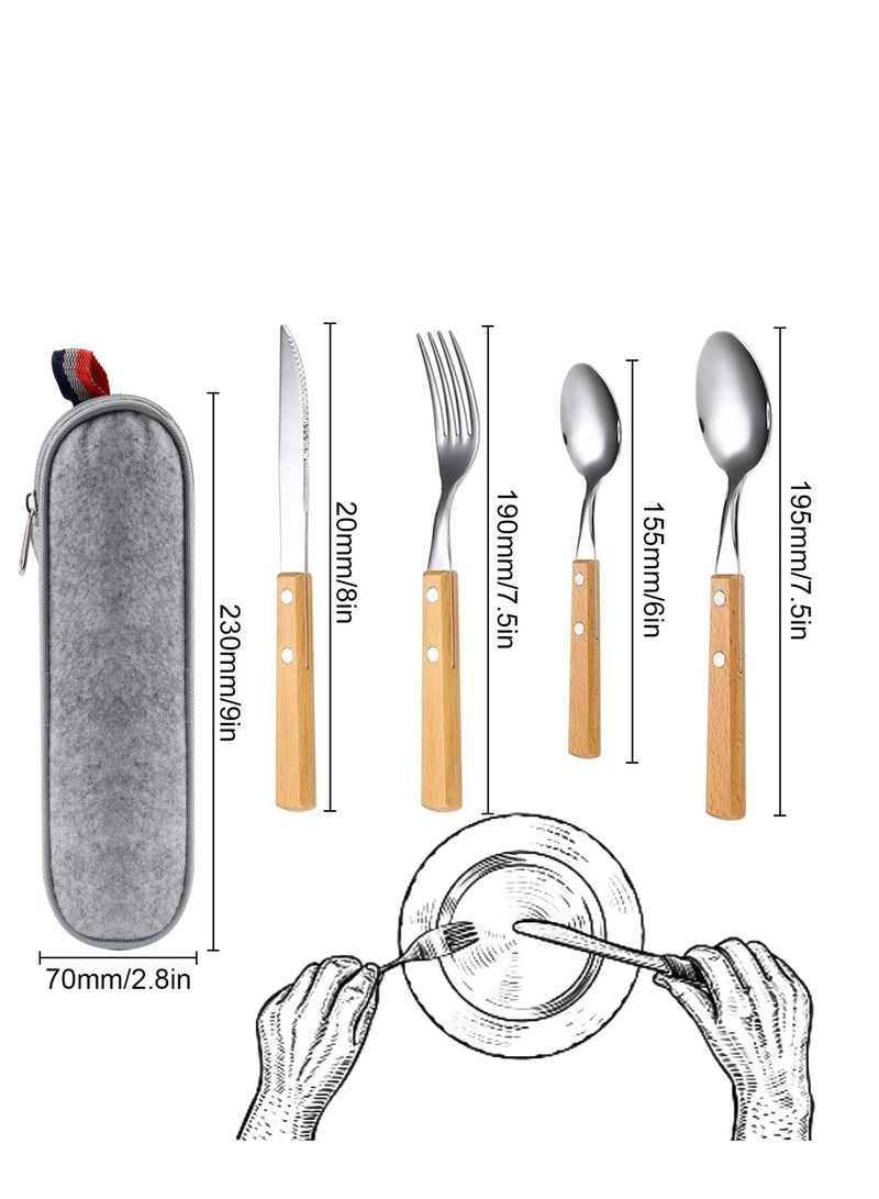 Cutlery Sets, Set of 4 Stainless Steel Kitchen Tableware, Wooden Handle Knife and Fork Sets, Portable Reusable Cutlery Set, Travel Cutlery Set, Picnic Cutlery