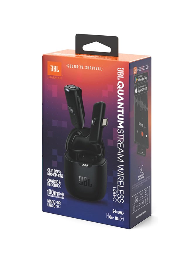 Quantum Stream Wireless USB-C - Wearable Wireless Streaming Microphone for Crystal Clear Recordings, 24 Hours of Recording time, Plus Speed Charge, Included Windscreen for Noise Reduction JBLSTRMWLUSBCBLK Black