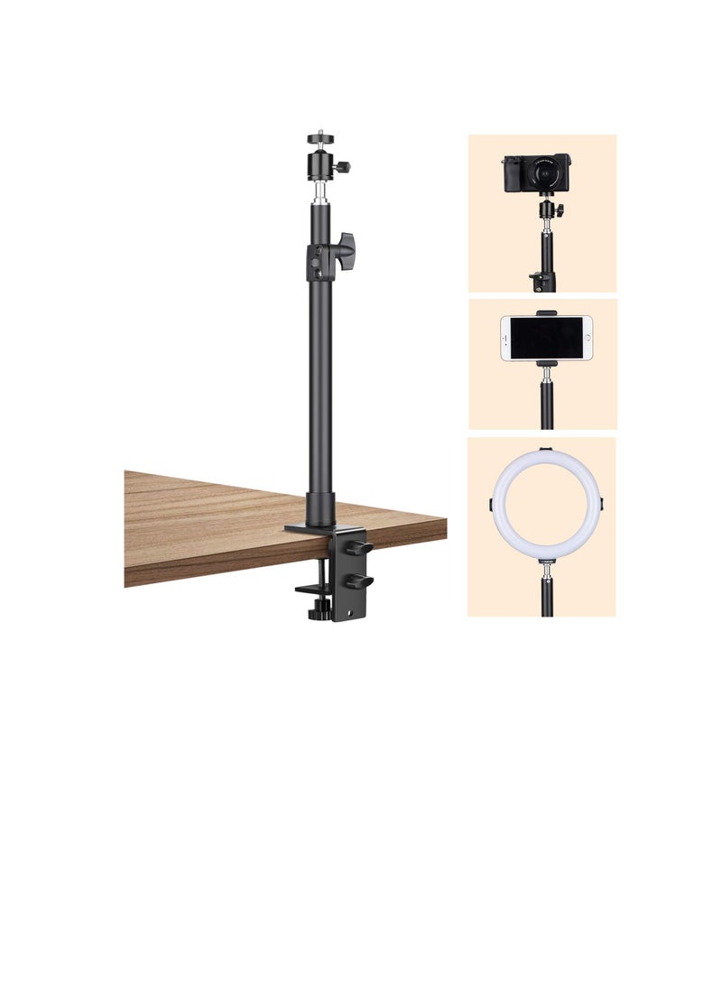 Extendable Camera Desk Mount, 45-74cm Adjustable Table Mount with 1/4 Screw and Extra 360° Ball Head, Camera Clip Stand for Live Streaming, Video Photography Shooting